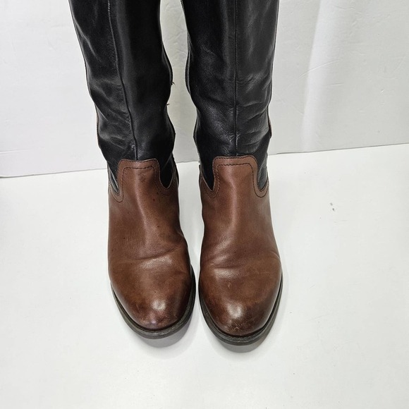 Franco Sarto Leather Riding Boots 9.5 Black Brown Embossed Logo - Picture 2 of 12